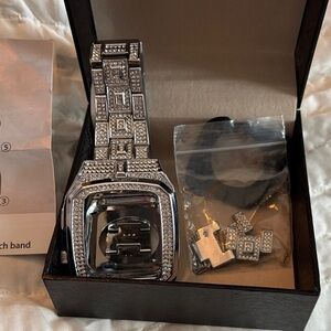 VISOOM stainless steel SILVER APPLE WATCH BAND CASE WITH DIAMONDS and kit